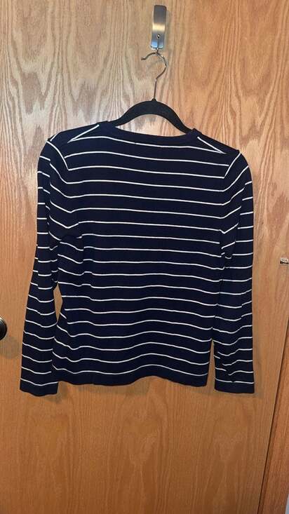 Lauren Ralph Lauren Navy Blue and White Striped Lace-Up V-Neck Cotton Sweater - Picture 2 of 3